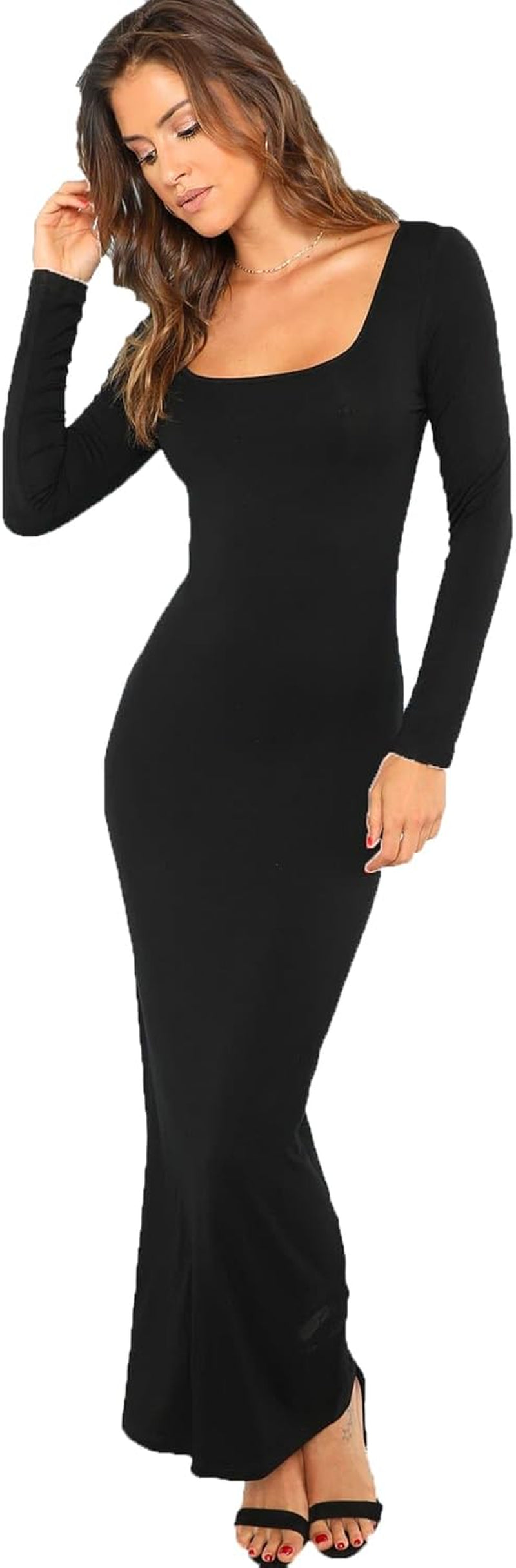 Women'S Long Sleeve Square Neck Bodycon Maxi Long Dress