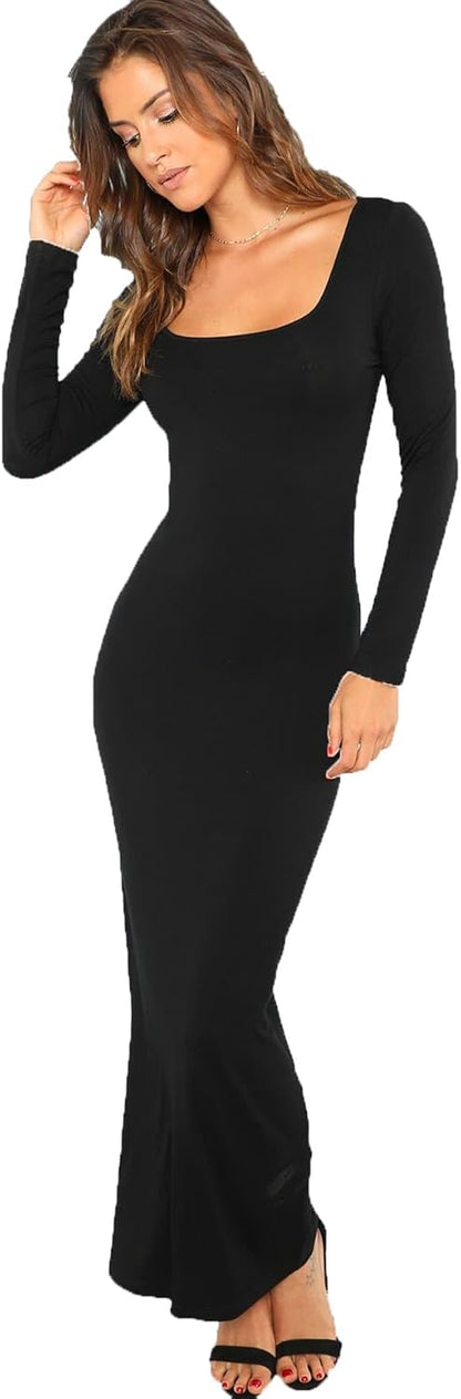 Women'S Long Sleeve Square Neck Bodycon Maxi Long Dress